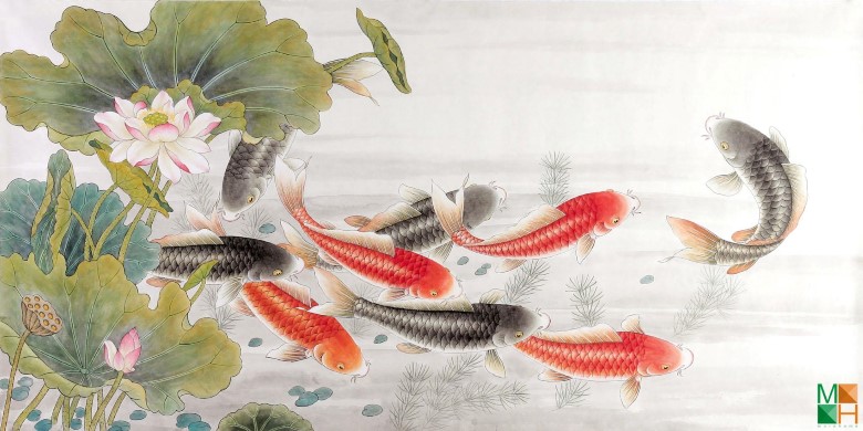 Địa chỉ bán tranh dán tường sen cá phong thủy đẹp