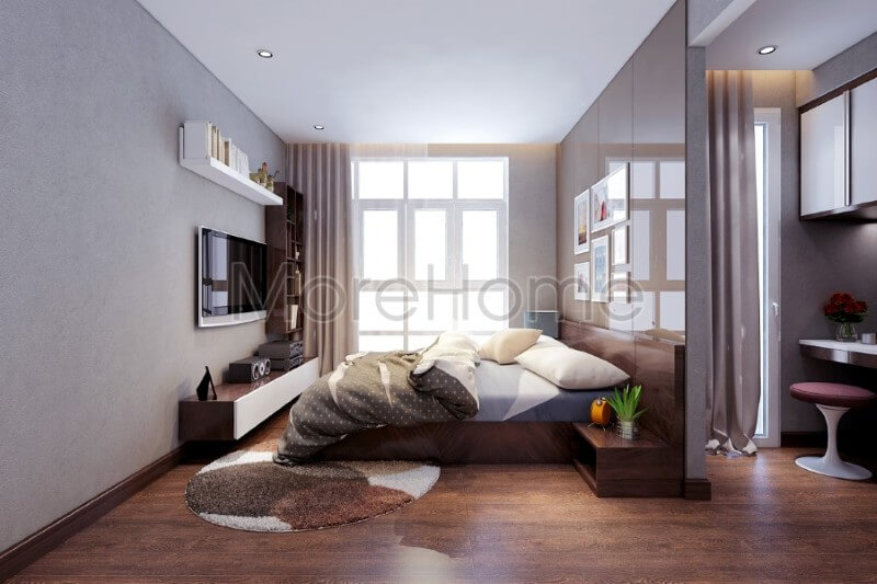 Mẫu giường ngủ hiện đại có táp đầu giường giúp cho gia chủ có những giấc ngủ thoải mái nhất cũng như là vô cùng tiện lợi trong việc lưu trữ đồ dùng cá nhân của mình Mẫu thiết kế nội thất chung cư đẹp