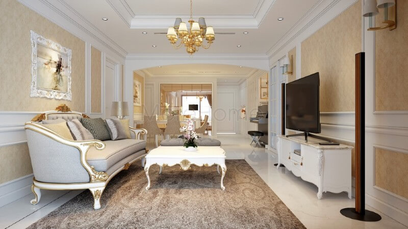 Thiết kế nội thất phòng khách chung cư tân cổ điển mang vẻ đẹp quý phái, sang trọng Mẫu nội thất chung cư tân cổ điển