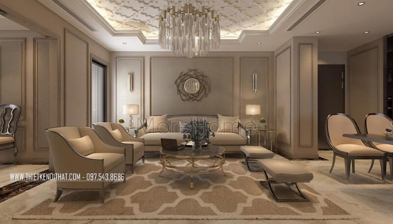 Sofa tân cổ điển bọc da là điểm nhấn và là thiết bị nội thất khiến cho phòng khách căn chung cư trở nên thực sự cuốn hút sofa tân cổ điển