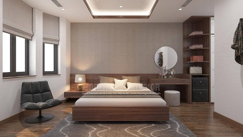 Mẫu phòng ngủ master đẹp được thiết kế theo phong cách hiện đại sử dụng gam màu trầm nhã nhặn từ gỗ óc chó veneer chuyên được Morehome sản xuất trong các công trình thi công nội thất hiện đại gỗ từ An Cường.