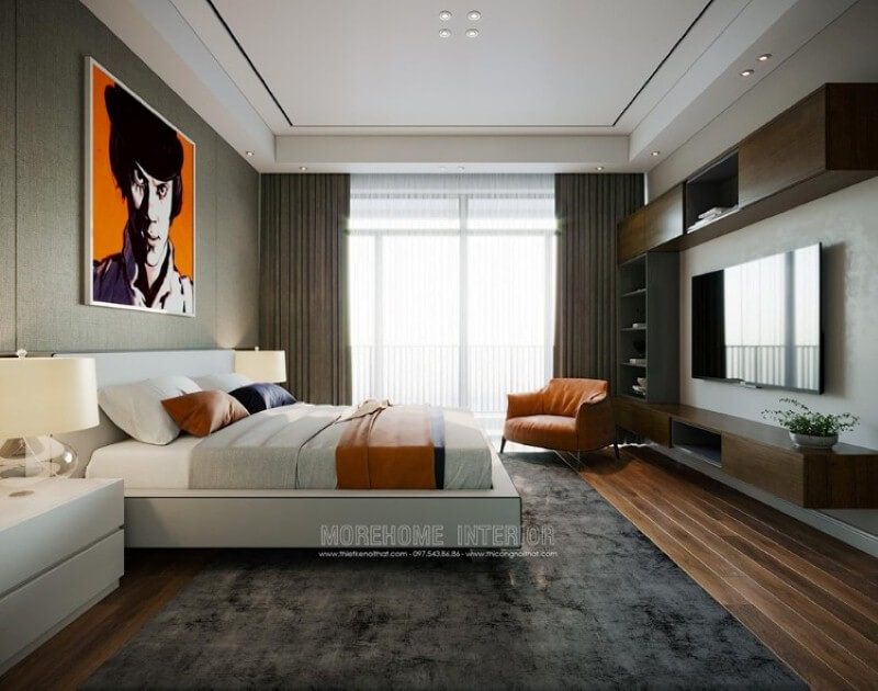 Thiết kế nội thất phòng ngủ hiện đại ấn tượng với điểm nhấn cam xen kẽ giữa 2 gam màu trắng, xám tương phản.