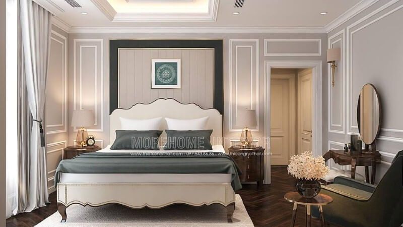 Giường ngủ master độc đáo với đường nét tân cổ điển từ gỗ óc chó kết hợp cùng gam trắng nhẹ nhàng đã tạo nên không gian phòng ngủ sang trọng, thanh lịch.