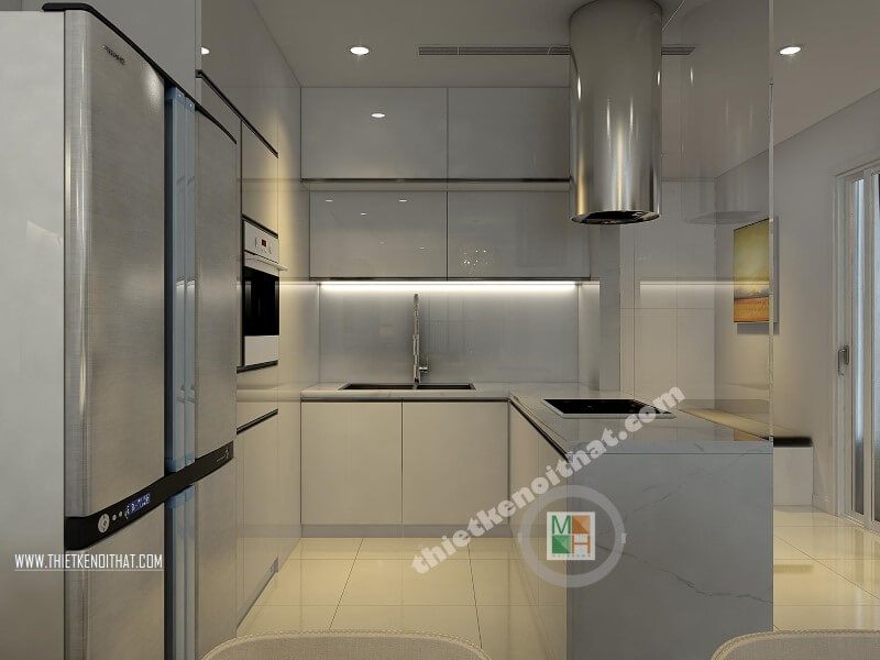 Thiết kế phòng bếp chung cư đẹp với hệ tủ bếp acrylic màu trắng kết hợp bàn đảo ốp đá nhân tạo mang đến vẻ đẹp sang trọng và đẳng cấp cho căn bếp gia đình bạn