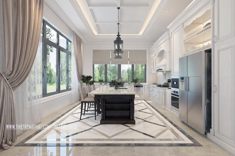Thiết kế nội thất phòng bếp biệt thự tân cổ điển sang trọng, tiện nghi và bắt mắt với gam màu đen trắng chủ đạo