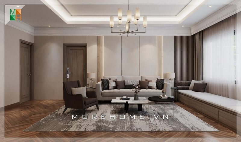 Một tấm thảm trải sàn sẽ giúp định hình được không gian phòng khách. Bộ sofa bọc nỉ cao cấp với bàn trà chân gỗ mặt đá nhân tạo kết hợp bàn tap trang trí chân sắt mạ vàng kiểu dáng độc đáo, tất cả mang đến một vẻ đẹp hiện đại sang trọng cho không gian phòng khách của bạn