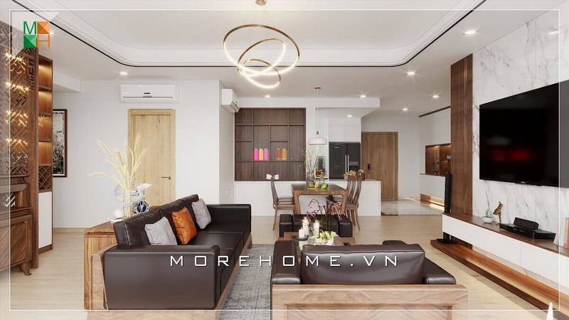 Mẫu thiết kế phòng khách cho nhà phố, chung cư, biệt thự mang phong cách hiện đại, ấn tượng, lịch lãm từ nội thất gỗ óc chó, thể hiện gu thẩm mỹ cao cấp của gia chủ