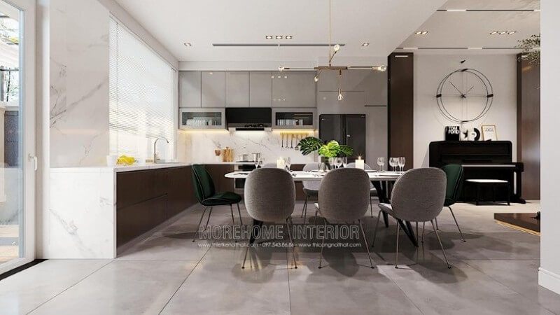 Mẫu tủ bếp chữ L đẹp, hiện đại, có cửa sổ cho nhà biệt thự