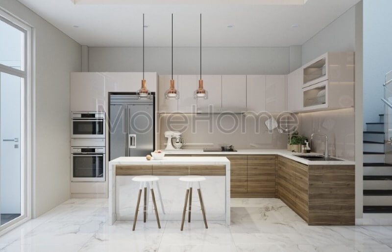 Hệ thống tủ bếp gỗ công nghiệp với tông màu sáng tạo điểm nhấn cho phòng bếp