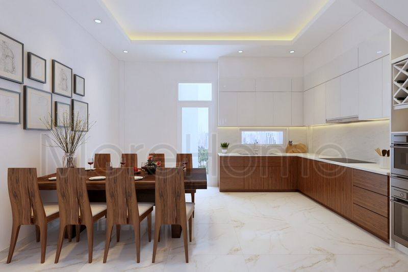 Mẫu tủ bếp chữ L gỗ công nghiệp An Cường kết hợp đá ốp tường và mặt bếp màu trắng đẹp hiện đại