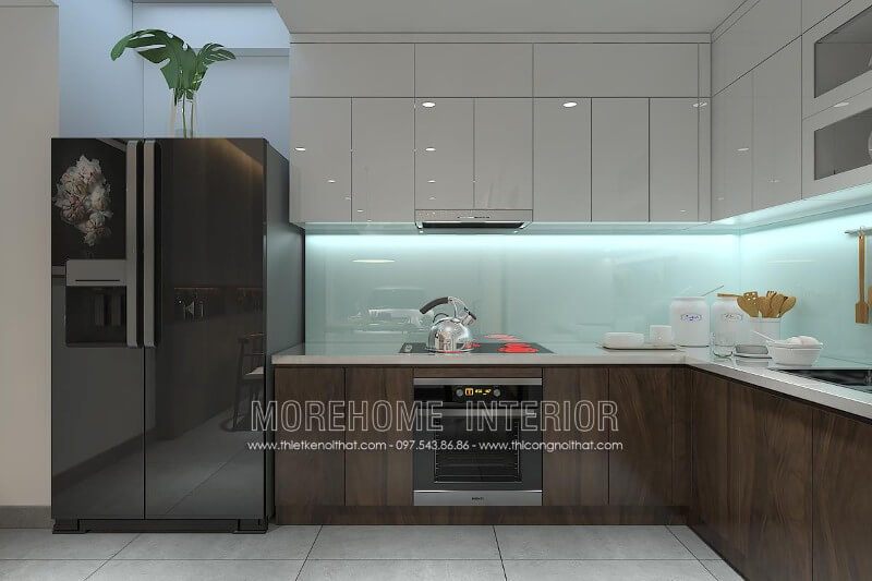Tủ bếp hiện đại kiểu dáng chữ L tận dụng tối đa được góc khuất của phòng bếp mang lại không gian rộng và thoáng hơn