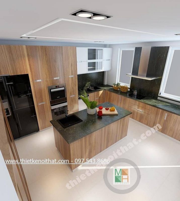 Mẫu tủ bếp chữ L gỗ công nghiệp kết hợp đá ốp bàn bếp màu đen cao cấp, đẹp hiện đại