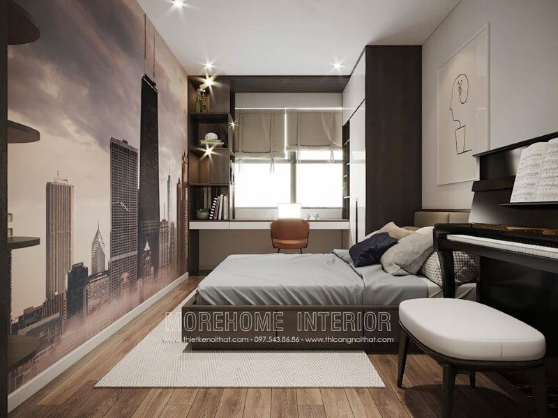 Để tạo nên một không gian học tập ấn tượng, có thể trang trí góc học tập trong phòng ngủ bằng cách đặt một kệ sách.