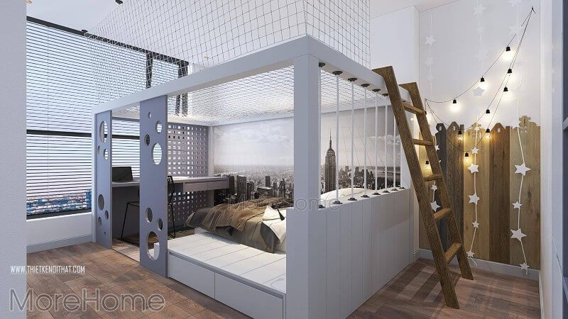 Việc tranh dán hình thành phố lên tường sẽ góp phần tạo nên sự rộng rãi cho căn phòng ngủ.