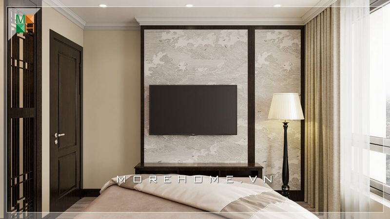 Mẫu giấy dán tường trắng với họa tiết độc đáo làm nên sự đẹp cho phòng ngủ của căn hộ chung cư.