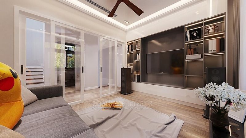 Hành lang tầng được trang trí đẹp với thiết kế phòng khách nhỏ xinh hiện đại.