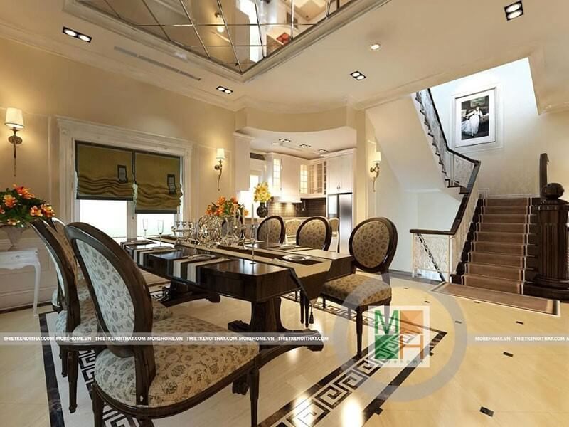 Biệt thự Vincom Sài Đồng được thiết kế nội thất phòng ăn theo phong cách tân cổ điển đẳng cấp.